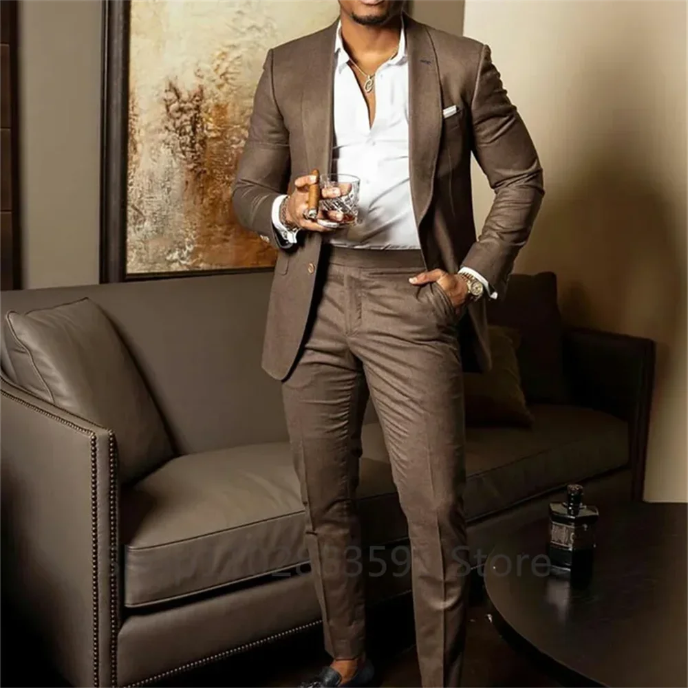 بدلة زفاف بنية اللون بقصة ضيقة للرجال ، بدلات رسمية للعريس ، بدلات عمل مصممة خصيصًا للرجال ، بليزر وبنطال ، أحدث الأزياء ، 2 *