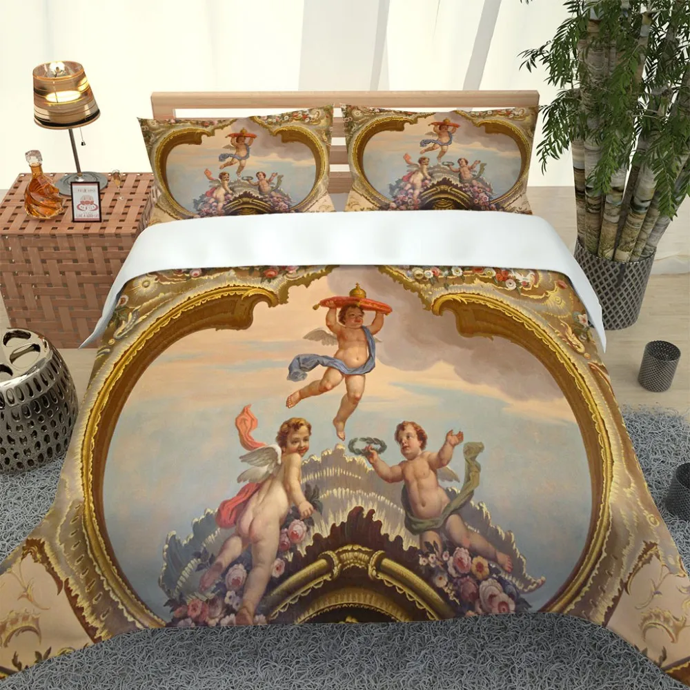 3D Angel Bedding Set Golden Luxury Bedclothes European Pattern Duvet Cover Retro Chain Comforter Cover 3 Piece For Girls Boys