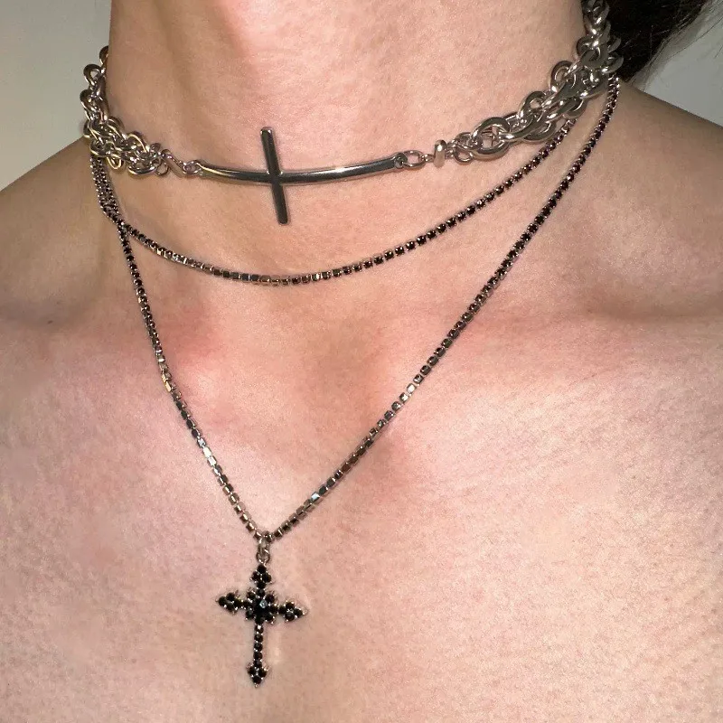 Gothic Punk Fashion Multi-layered Hip-hop Stacked straps Metal Chain Cross Pendant Necklace for Women Men Neck Chain 2025 NEW