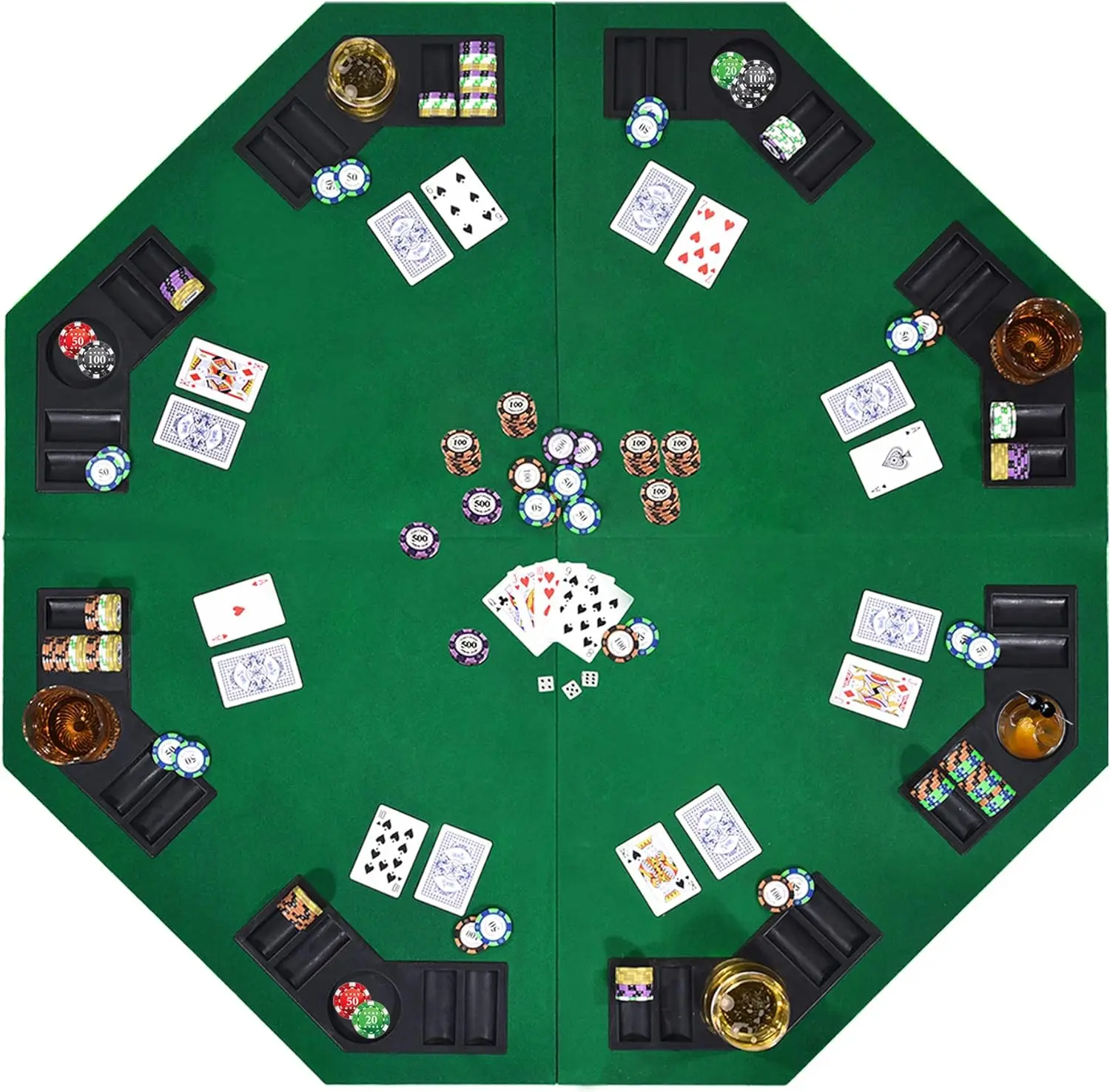 

48 Inch 8 Player Folding Poker Table Top, Octagonal Texas Hold'em Layout, Portable Anti-Slip Blackjack Mat with Carrying Bag