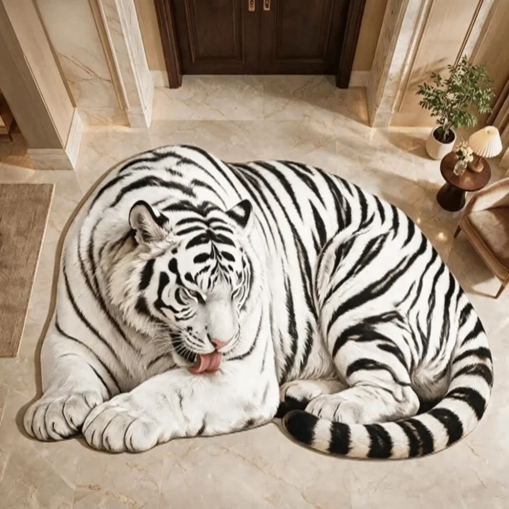 3D Special-shaped Tiger Floor Mat Imitation Cashmere Non Slip Animal Shape Mat Abrasion-resistant Absorbent Bedside Rug