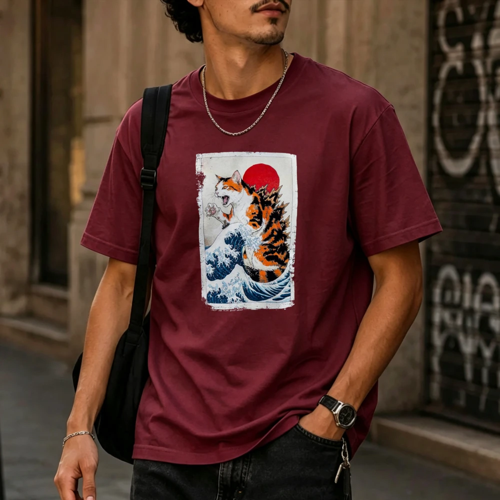 Vintage „Die große Welle vor Kanagawa“ Tiger Gestreifter Katze Retro Japanischer Ukiyo-e Kunstdruck Herren Baumwoll-T-Shirt mit Vintage-Rahmen