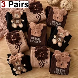 3 Pairs Women Spring Autumn Cartoon Bear Pattern Mid Tube Socks Fashionable Letter Printing Soft Comfortable Casual Socks