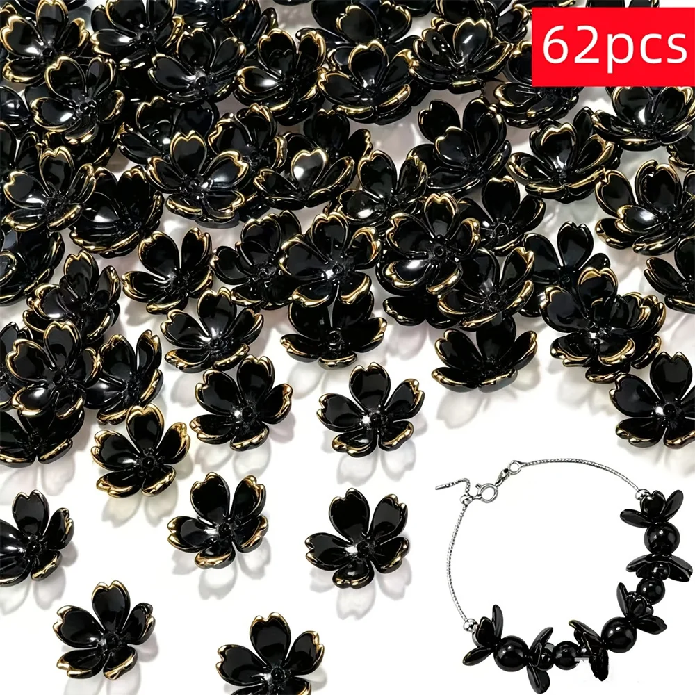 62/122pcs black five petal flower beads - cherry blossom spacer beads, used for DIY production, wedding, holiday accessories