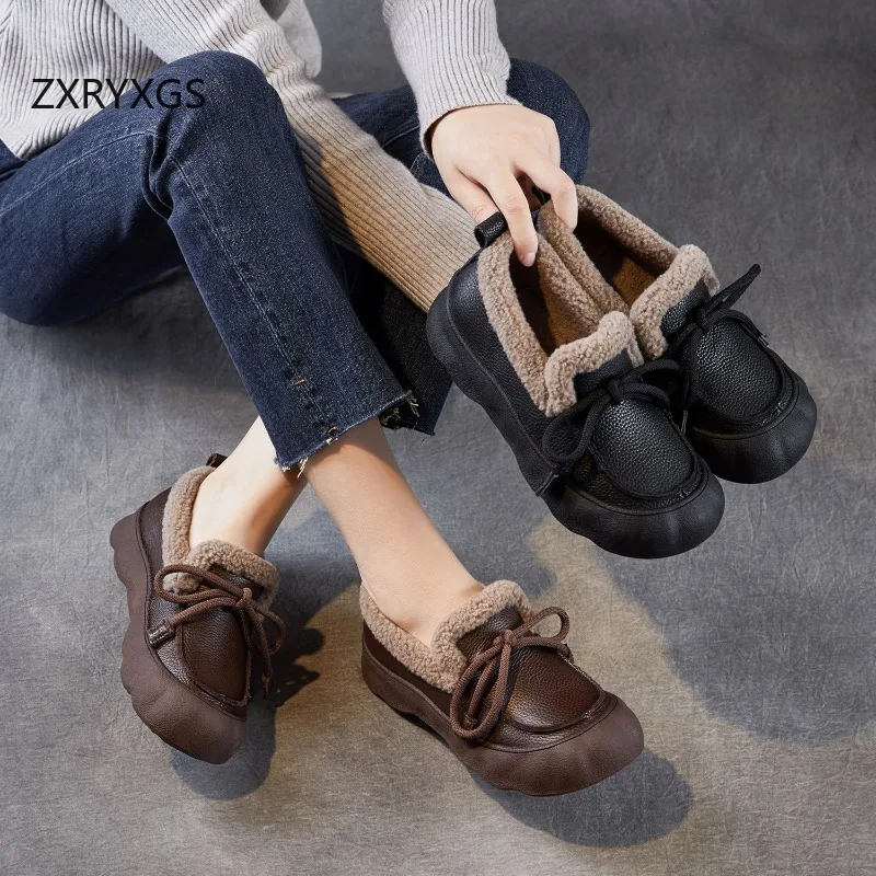 

ZXRYXGS 2025 Top Layle Cowhide Cotton Shoes Winter Flats Temperament Elegant Warm Snow Shoes Flat Thick Sole Women Trendy Shoes