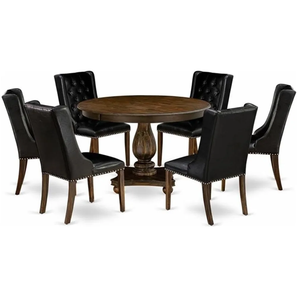 F2FO7-749 7 Piece Dining Room Table Set Consist of a Round Dining Table with Pedestal and 6Black Faux Leather Upholstered Chairs