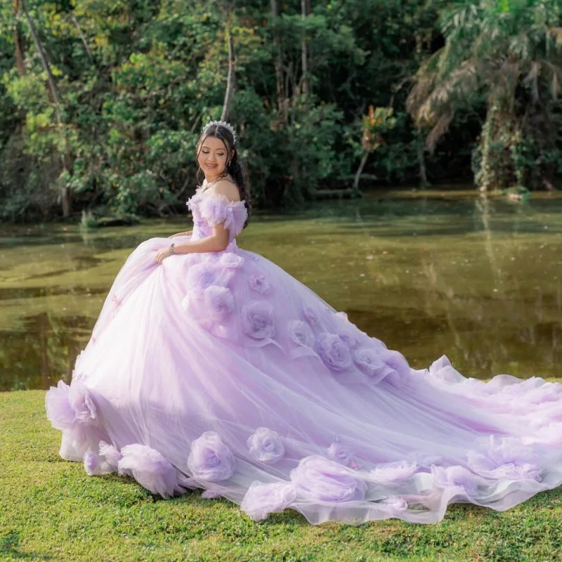 

Lavender Quinceanera Dresses Off the Shoulder Glitter 3D Flower Crystal Decal Long tail Vestidoe 15 Quinceanera Customize