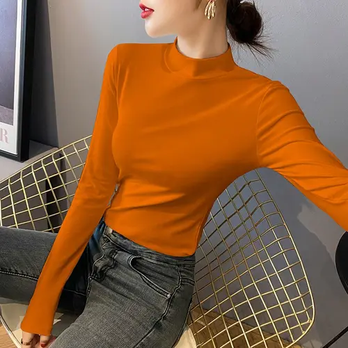 Camiseta básica naranja de cuello alto para mujer, camiseta interior informal de manga larga ajustada de algodón puro para otoño e invierno 2025