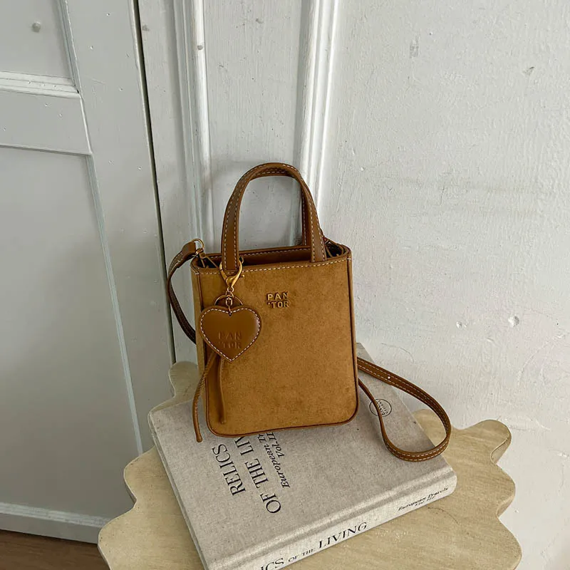 Women Mini Suede Top Handle Crossbody Bag, Retro Vertical Small Handbag with Heart Charm Pendant, Adjustable Strap Ladies Should