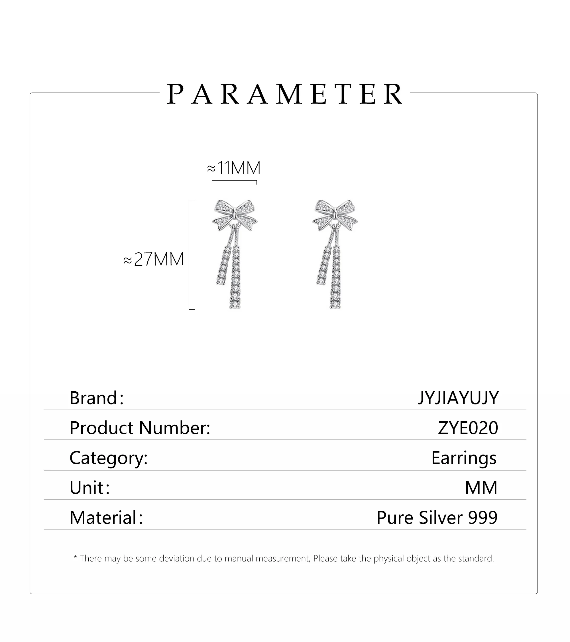 JYJIAYUJY 100% Pure Silver S999 Earrings 27MM Butterfly Shaped Design With White Zircon Fashion Jewelry Gift Daily Use ZYE020