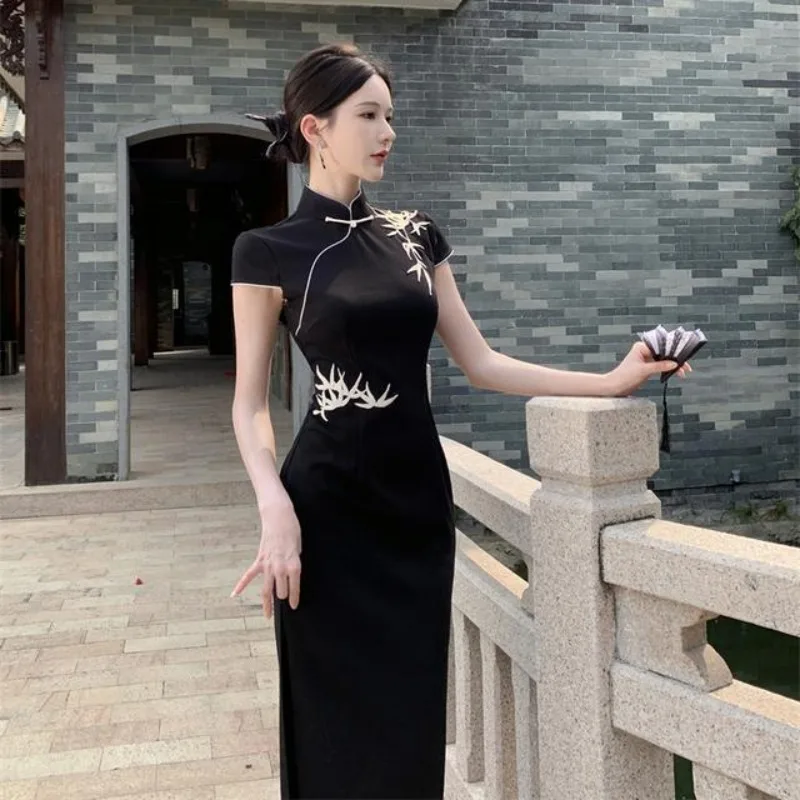 Summer Improved Chinese Style Black Stand Collar Bamboo Short Sleeved Cheongsam Dress Women's Fashion Etiquette Dresses Qipao