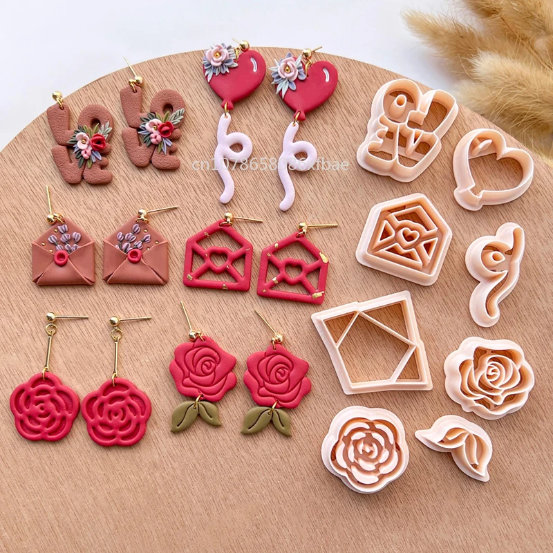 Valentine's Days Rose Flower Polymer Clay Cutters Love Envelope Balloon Pottery Clay DIY Earring Embossing Jewelry Cutter Tools