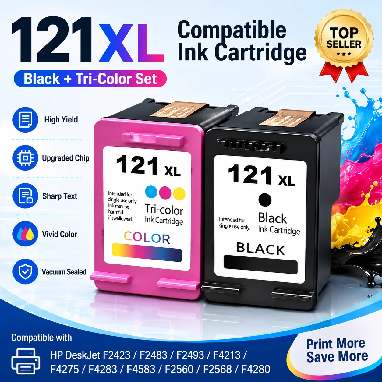 121XL Compatible Ink Cartridge Black + Tri-Color for HP DeskJet F2423 F2483 F2493 F4213 F4275 F4283 F4583 F2560