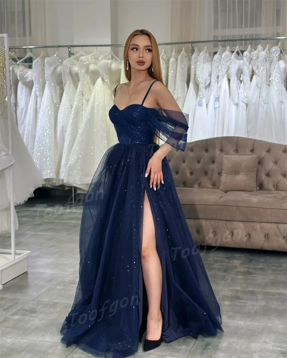 فساتين سهرة على شكل قلب من Tulle لامعة من Toofgon بدون أكتاف وفتحة عالية مخصصة للحفلات الرسمية للنساء مناسبة خاصة