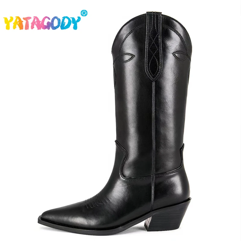 

YATAGODY Size 33-43 Cowboy Boots For Women Cow Leather Chunky High Heels Shoes Womans Winter Fashion Cowgirl Short Western Boots