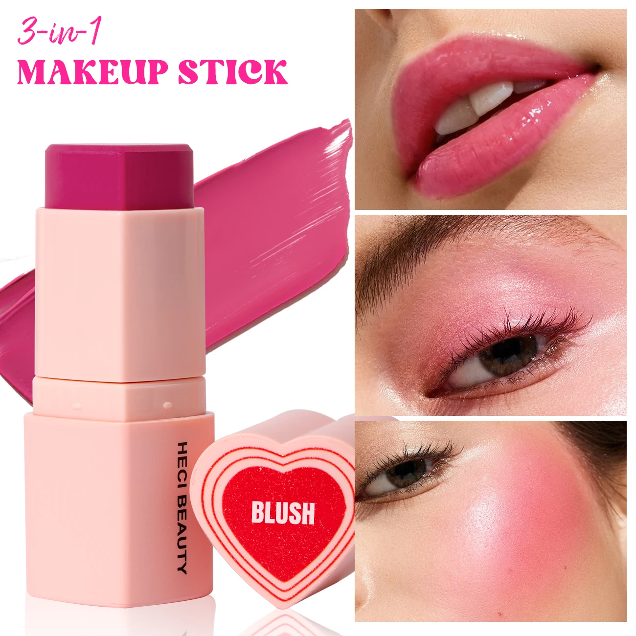 Hartvorm Vegan Romige Blush Stick Matte Zijdeachtige Waterdichte Roze Blush Crème Make-up Stick Hoog Pigment 3in1 Lip Oog Wang Tint