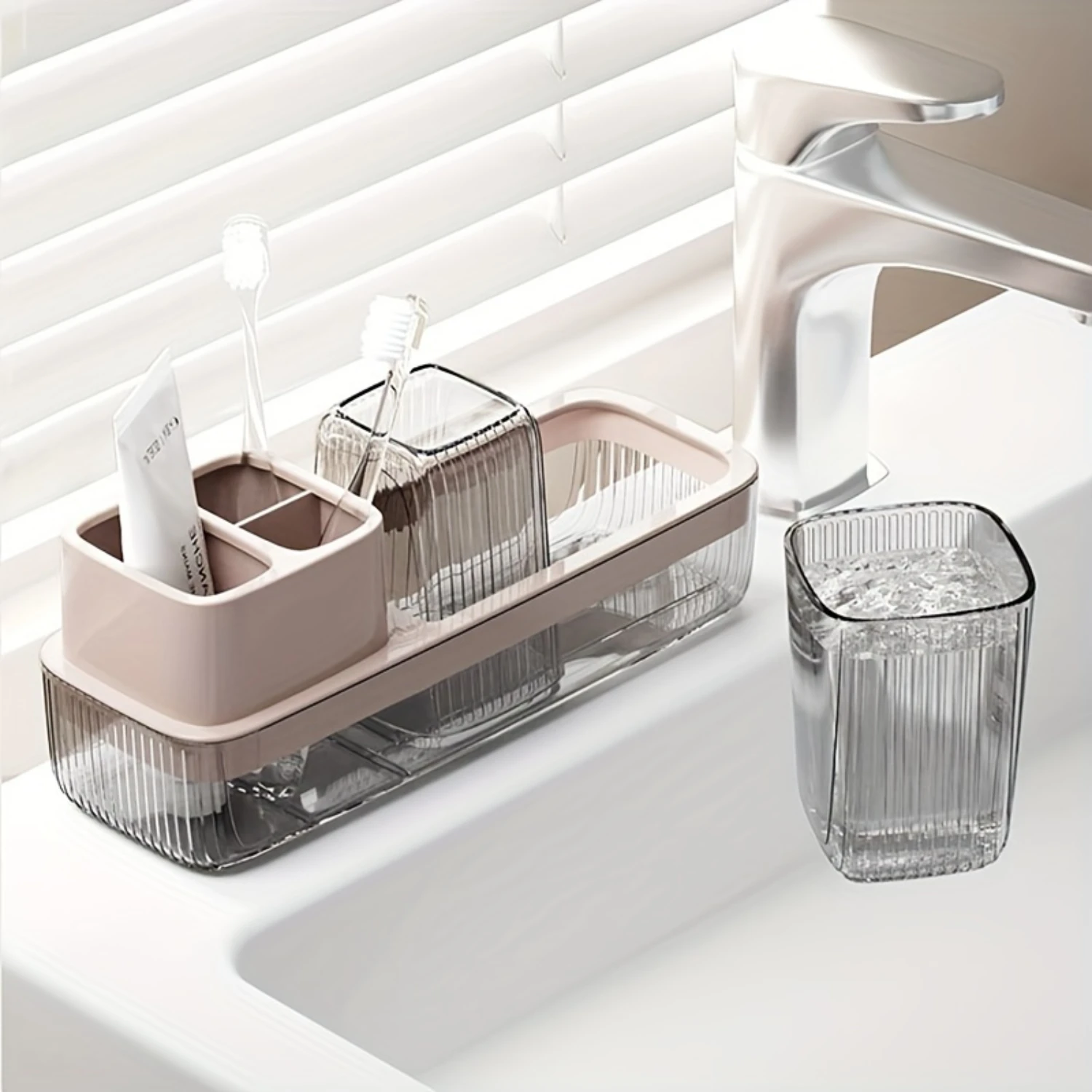 Transparent Toothbrush Holder - Dual-Person Countertop Organizer Box With Tumbler Stand, Freestanding Bathroom Sink Accessories 