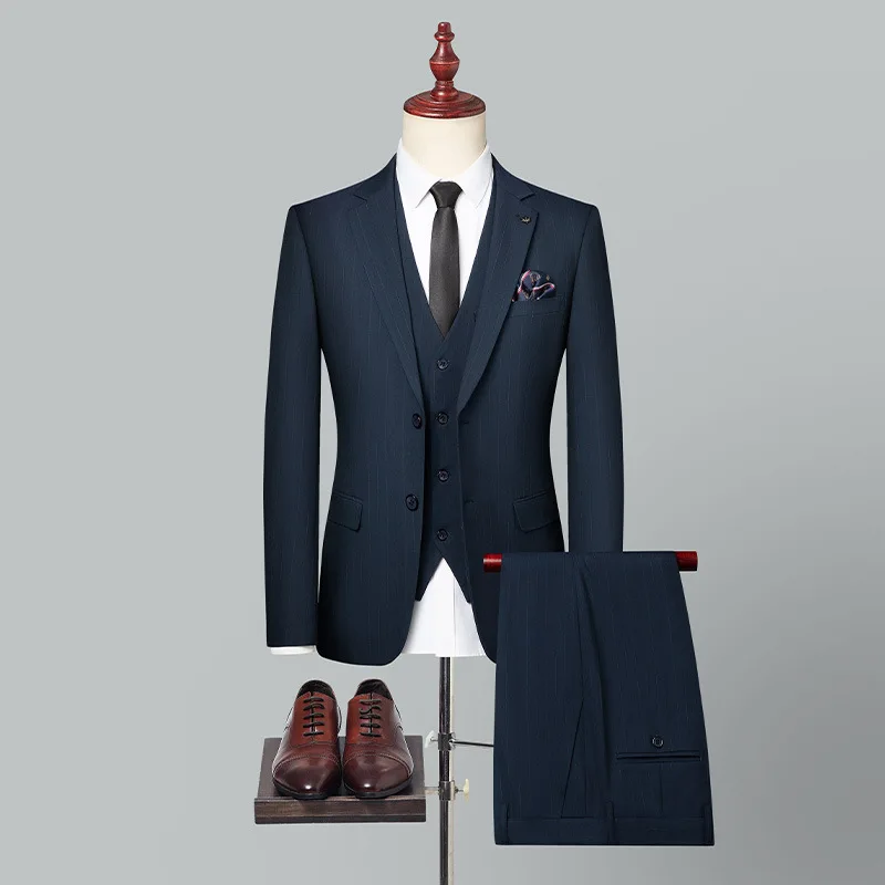 

KIDWHXR Suit Outfit Men Turn Down Collar Single-breasted Blazer Male V-neck Vest Straight-leg Pant Man Striped Sllim 3-piece Set