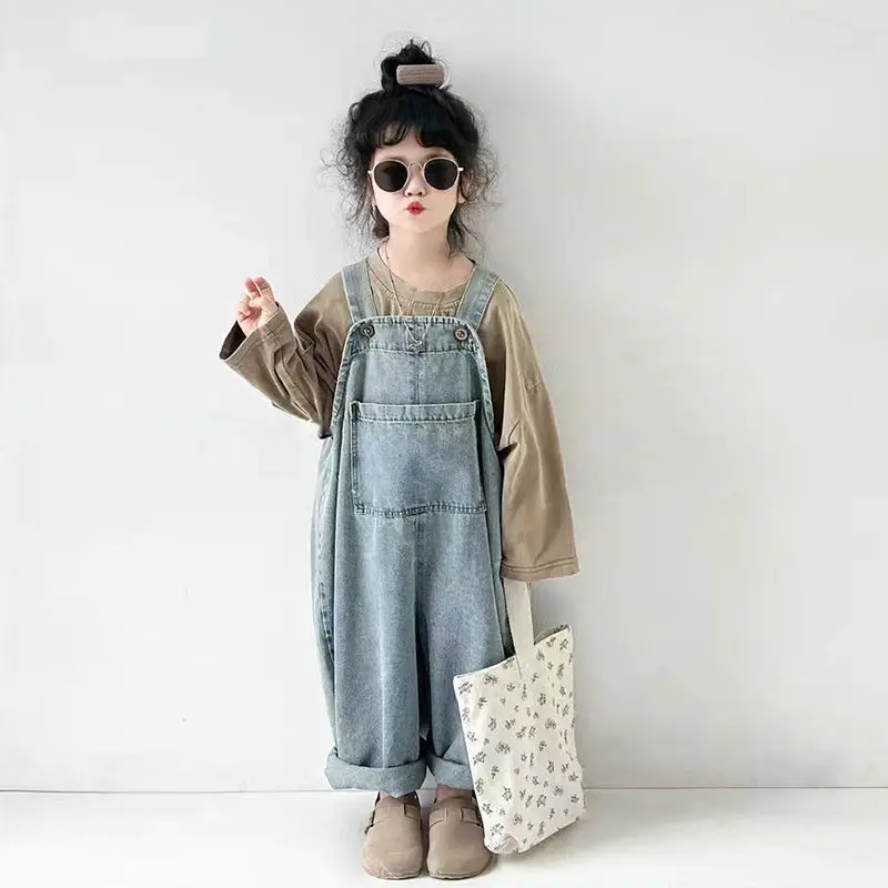 

Girls Overalls Chlidren Clothes Korean 2024 Autumn New Children Girl Casual Simple Vintage Loose Denim Overalls All Match