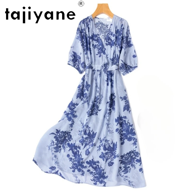 

TAJIYANE 100% Mulberry Silk Dress Woman Summer 2025 Elegant V-neck Long Dresses Party Blue Printed Frocks Ladies Clothes платье