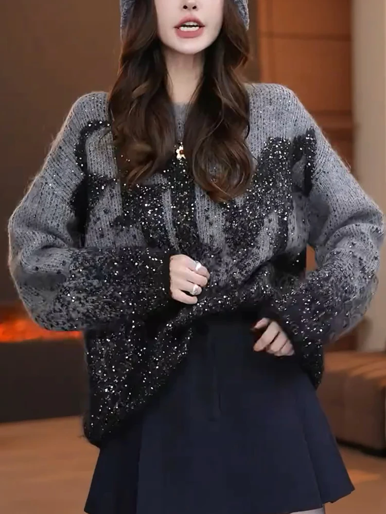 

Sli Unique Retro Large Size Knitted Sweater Faionable Autumn Winter Diamond Heat Sense Meat Covering Women's Camere S...