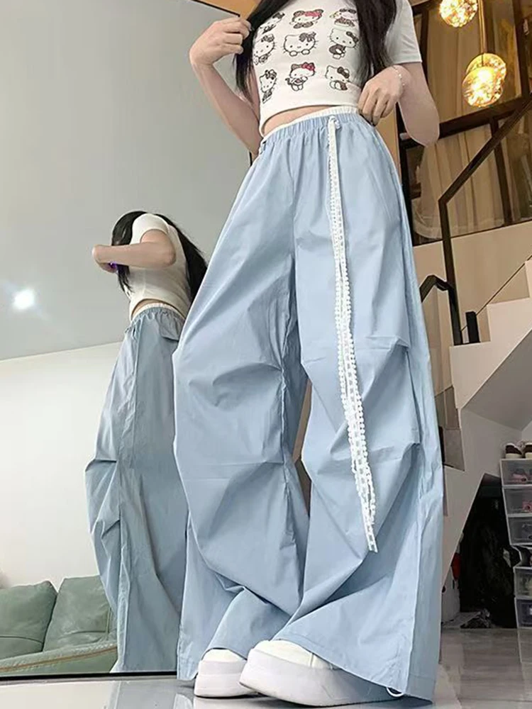 Jmprs Lace Bow Cargo Pants Women High Waist Loose Sweet Blue Trousers Casual Vintage Korean Female Summer Wide Leg Pant Retro