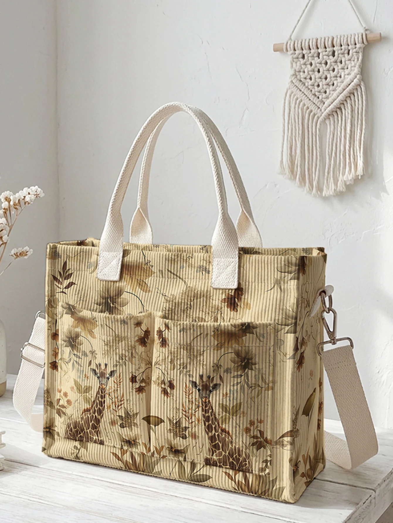 

Vintage Giraffe & Botanical Floral Print Corduroy Tote Bag Large Capacity Multi Pocket Commuter Shoulder Bag