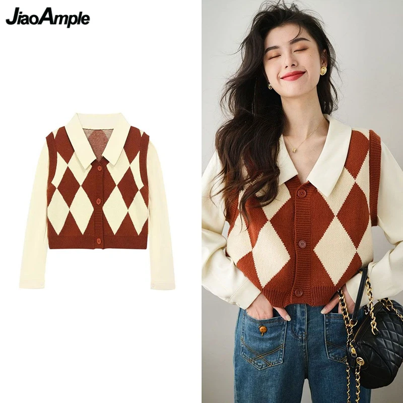 Women Spring Autumn French Vintage Plaid Shirts 2023 New Korean Lady Graceful Knits Vest Blouse Patchwork Fake 2 Piece Tops