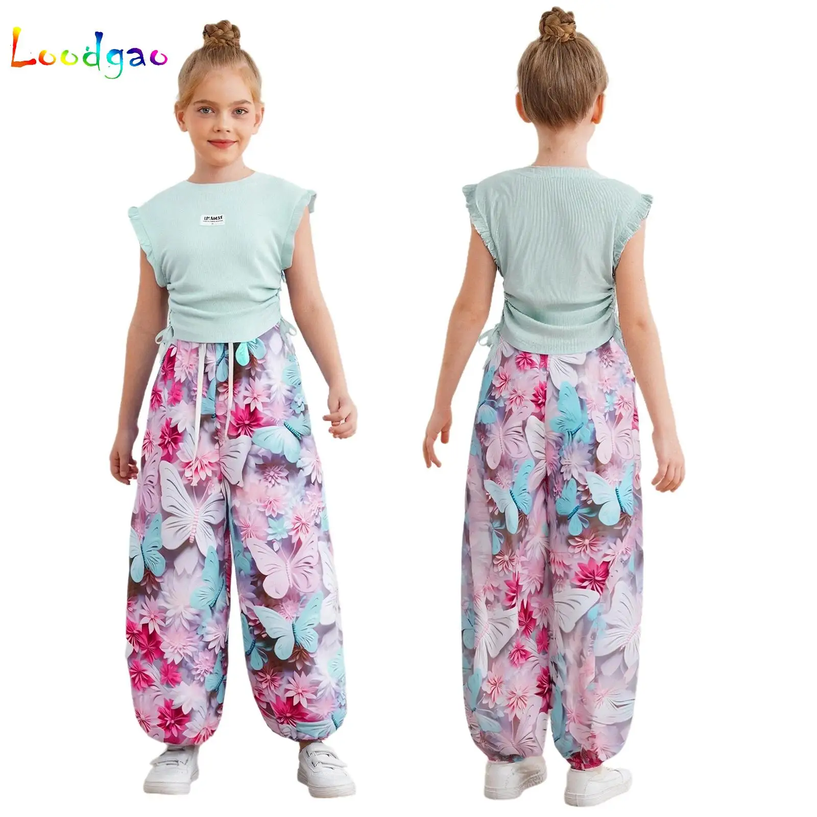 

Kids Girls 2-Piece Casual Outfit Ruffled Sleeveless Sides Drawstring Ribbed Top with Floral Pants for Birthday Holiday Beach