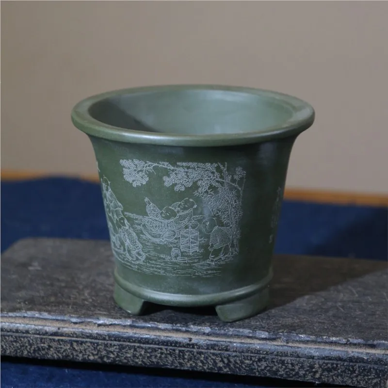 Purple Clay Flower Pot Round Handmade Pot Bonsai Pot Desktop Bonsai Pot Antique Style Carved Patten Cliff Pot Calamus Flower Pot