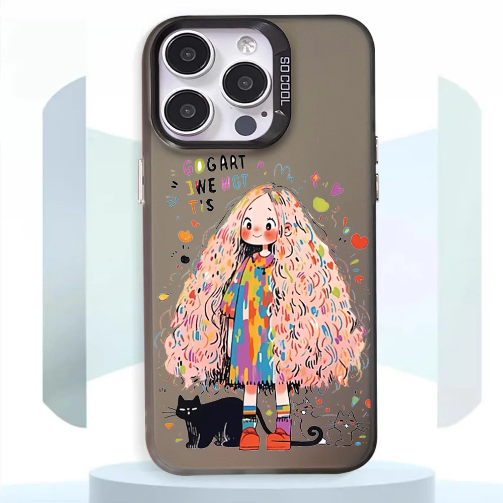 Dopamine haired graffiti girl Phone Case For iphone11 12 13 14 15 16 Pro Max Plus fashion laser colorful silver IMD cover