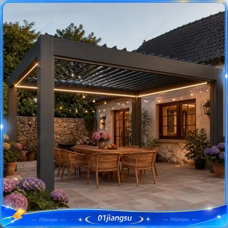 Motorized Aluminum Louvered Pergola Adjustable Rotatable Blades Outdoor Patio Gazebo Rainproof Garden Pavilion With Drainage
