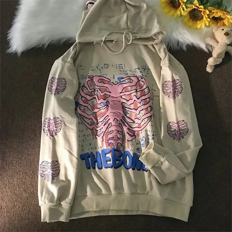 Great promotion autumn and winter new Y2K fashion Gothic hooded electronic girl loose skeleton printed hooded coat woman