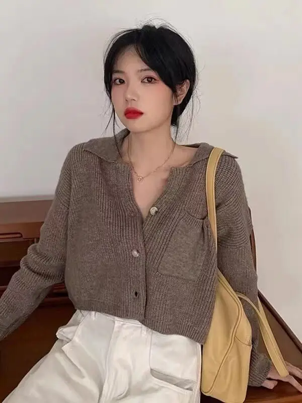 

Soft Cozy Knitted Collar Sweater Cardigan Women's ort Top Autumn Winter New Sle Hong Kong Sle Coffee Color Commute Loos...