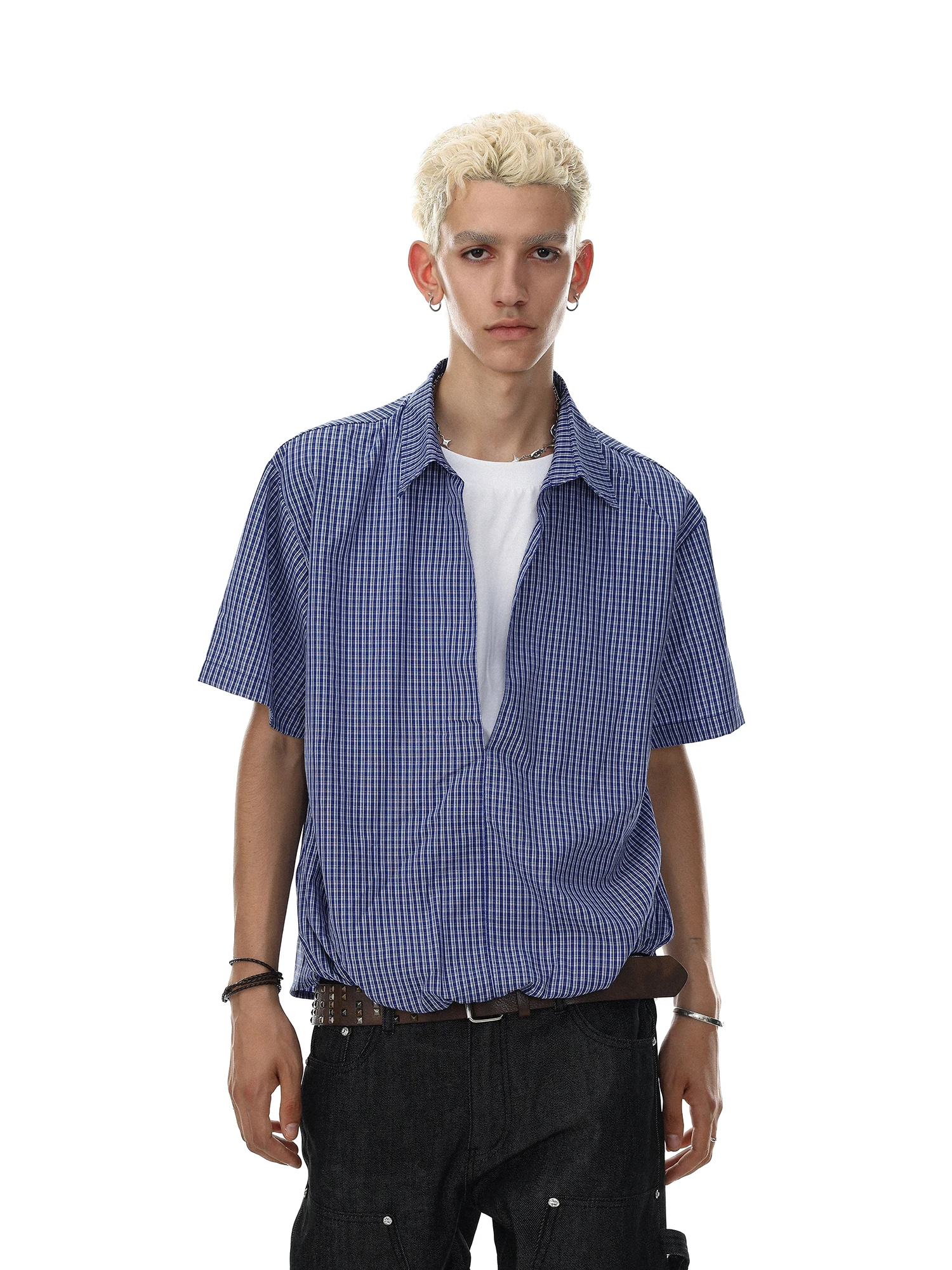 MRNEARLY American Retro Plaid Color Block Short Sleeve Men's Loose Drawstring Pleated Casual Shirt Trendy Cotton Polyester Blend