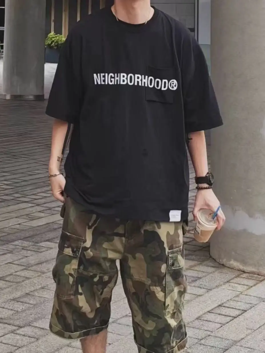 SHELTECH 25SS Men's Casual Loose Fit Short Sleeve T-Shirt with Pocket Japanese Style Letter Print Comfortable Cotton Tee
