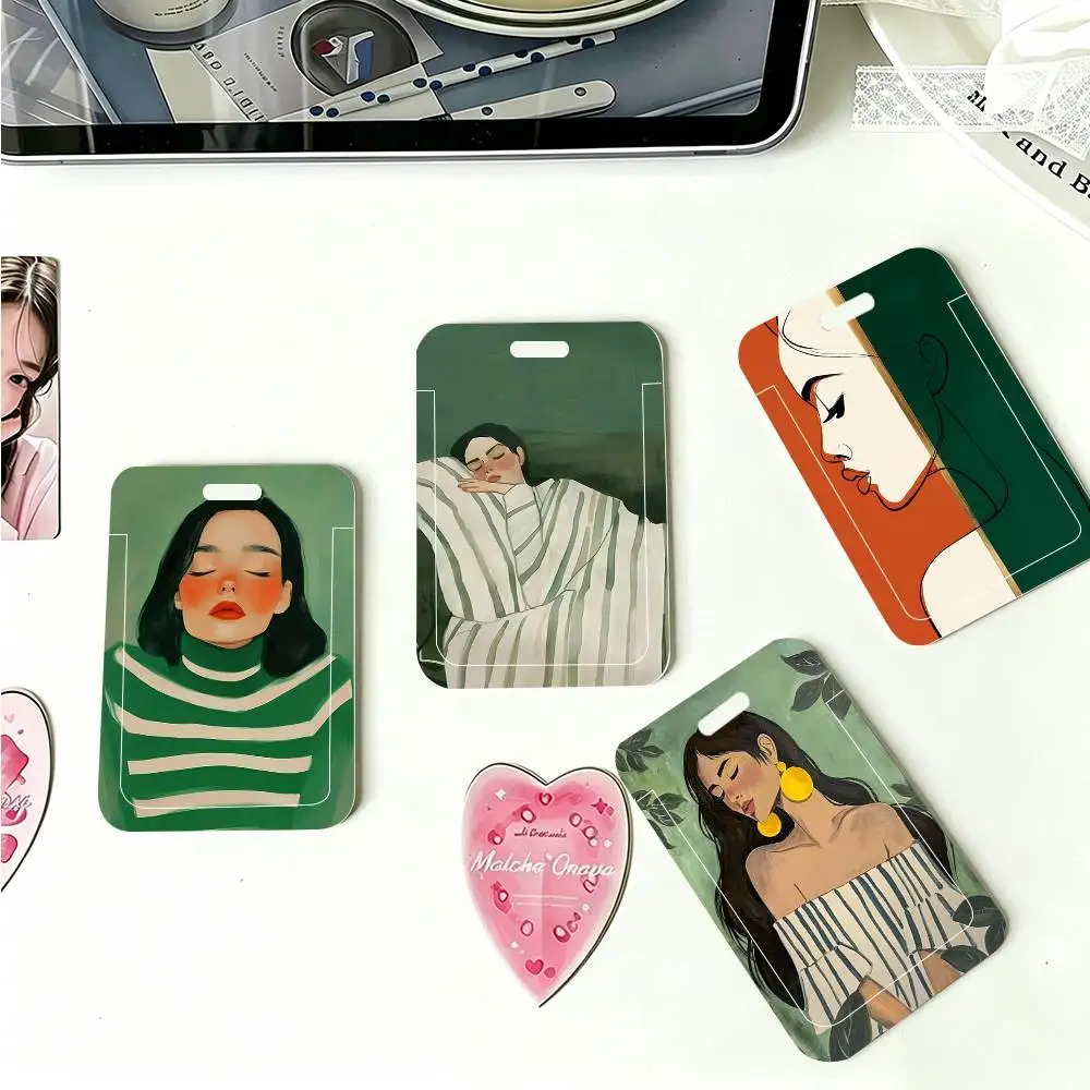 1pc Minimalist Female Green Background ID Card Sleeve School Card Access ID Card Bus Meal Card Protective Sleeve Easy Push