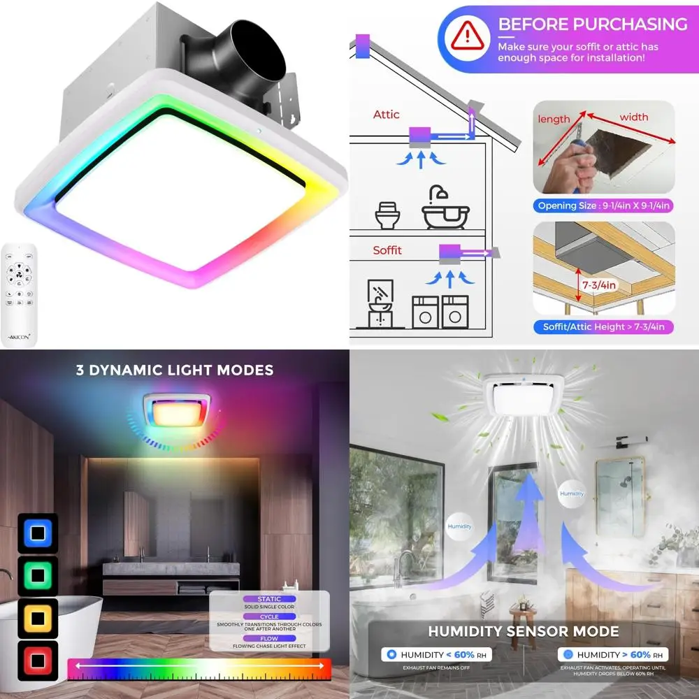 

Вытяжной вентилятор для ванной комнаты с RGB-подсветкой, 110 куб. футов в минуту, 1,5 сторон, датчик влажности, светодиодная лампа с регулируемой яркостью 3CCT, энергоэффективная вентиляция