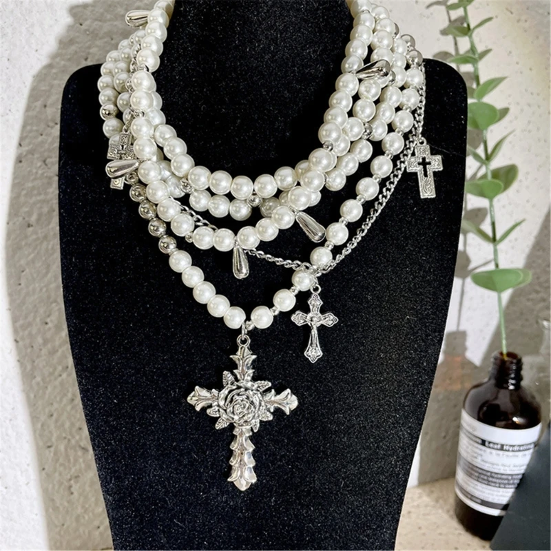 Vintage Pearls Multilayered Strand Choker Necklace with Sturdy Alloy Crosses Pendant Jewelry Accessory for Trendy Women