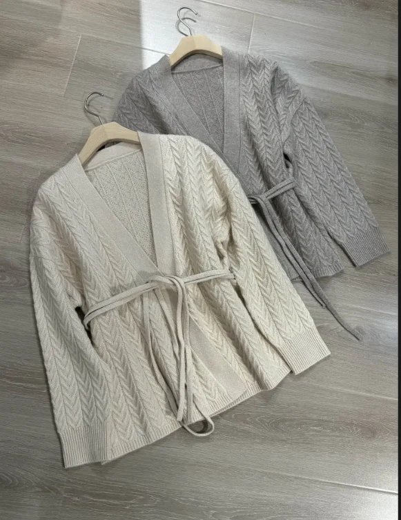 Cardigan for Women 2024 New Autumn Winter Cashmere Waist Lace-up Loose Casual Long Sleeve Sweater