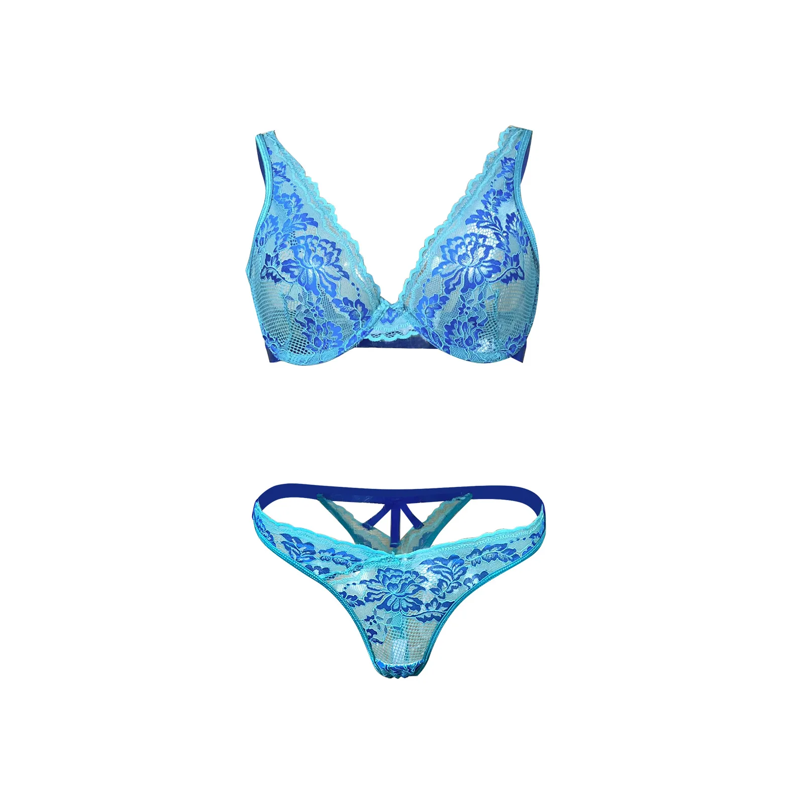 

Women Two Tone Blue Floral Lace Bikini Set Sheer Mesh V Neck Underwire Bra Back Cut Out Matching For Swim Beach Vaction ACGA