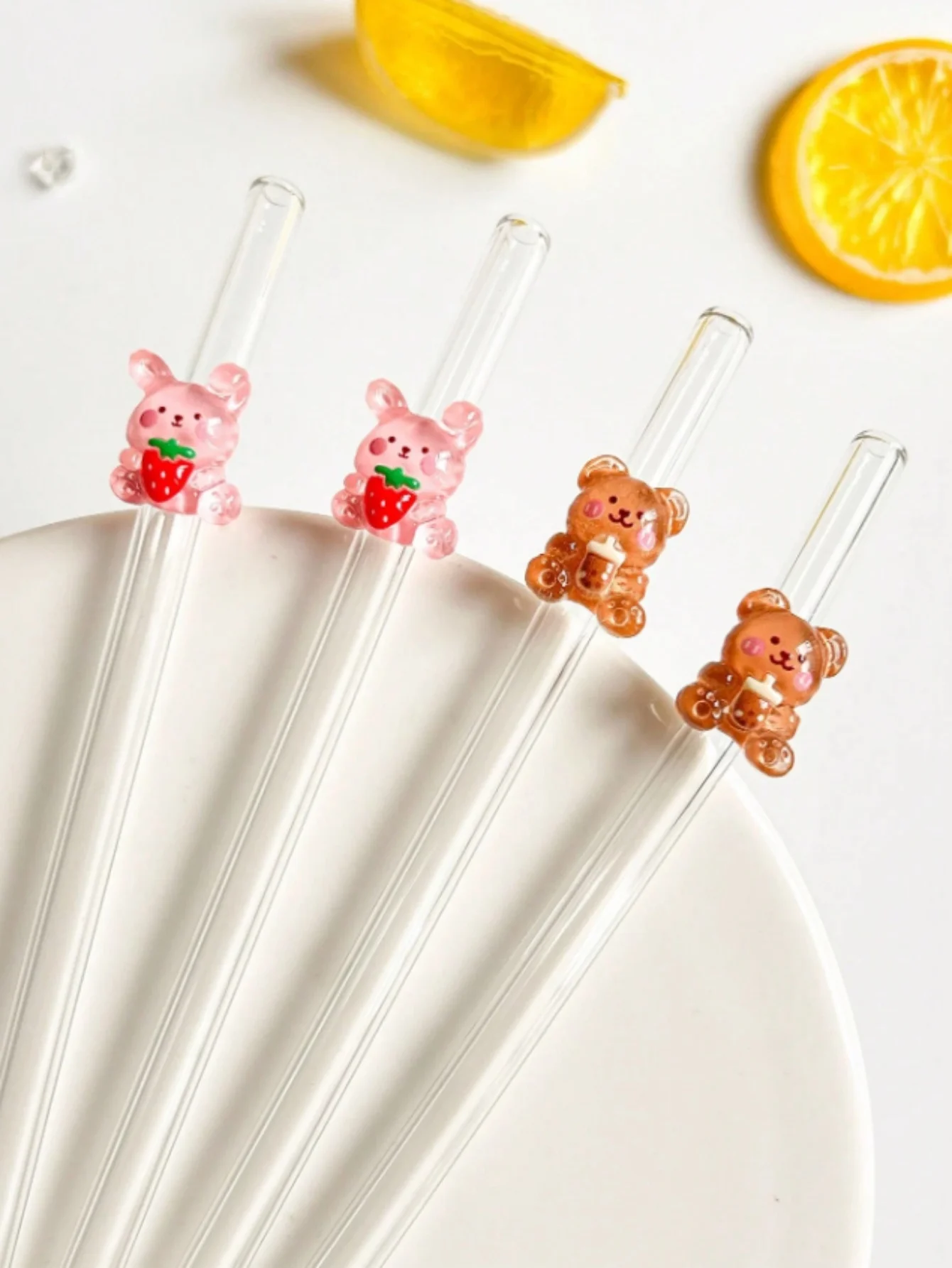 1/3/5PCS Bear & Rabbit Glass Straw Set, Reusable Bent Straws for Tea, Cocktails & Iced Drinks, Romantic Gift for Dessert Shops