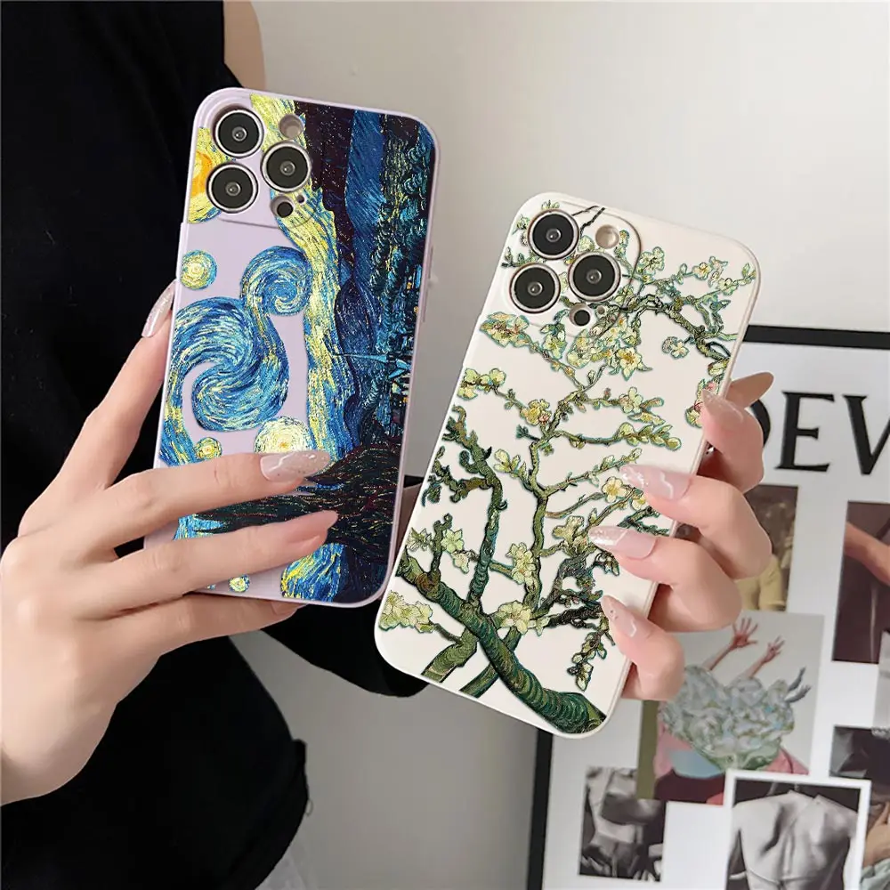 Van Gogh Starry Sky Painting Case For iPhone 15 14 13 12 11 Pro Max Mini 7 8 15 Plus Case Liquid Cover Sunflower Almond Blossoms