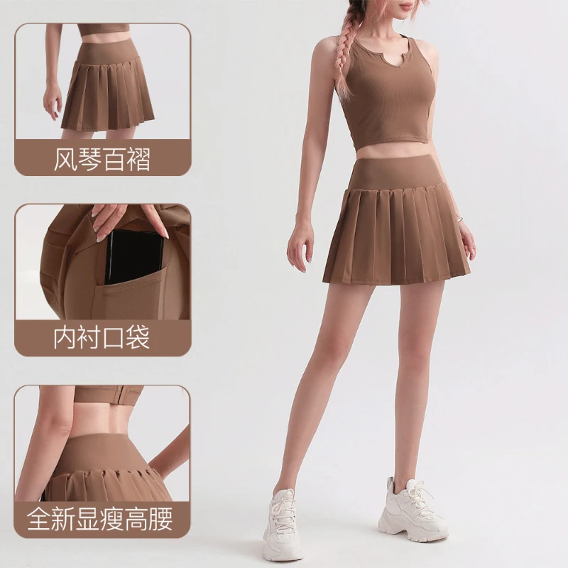 High Waisted Elastic Force Pleated Tennis Skirts Casual Fashions Short Skirt with Liner with Pockets Fitness Workout Sportswear