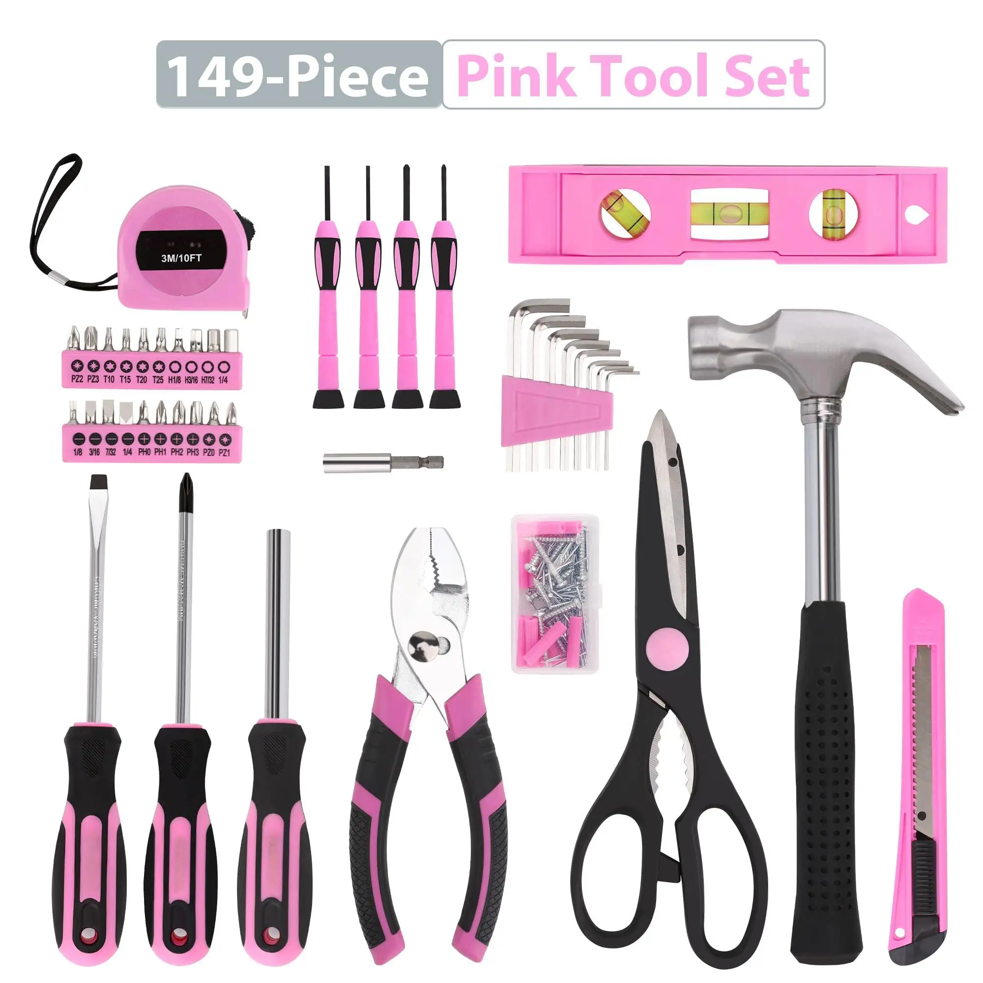 Basic Pink 149pcs Home Repair Tool Set for Women Small Tool Kit with Plastic Toolbox for Easy Repairs
