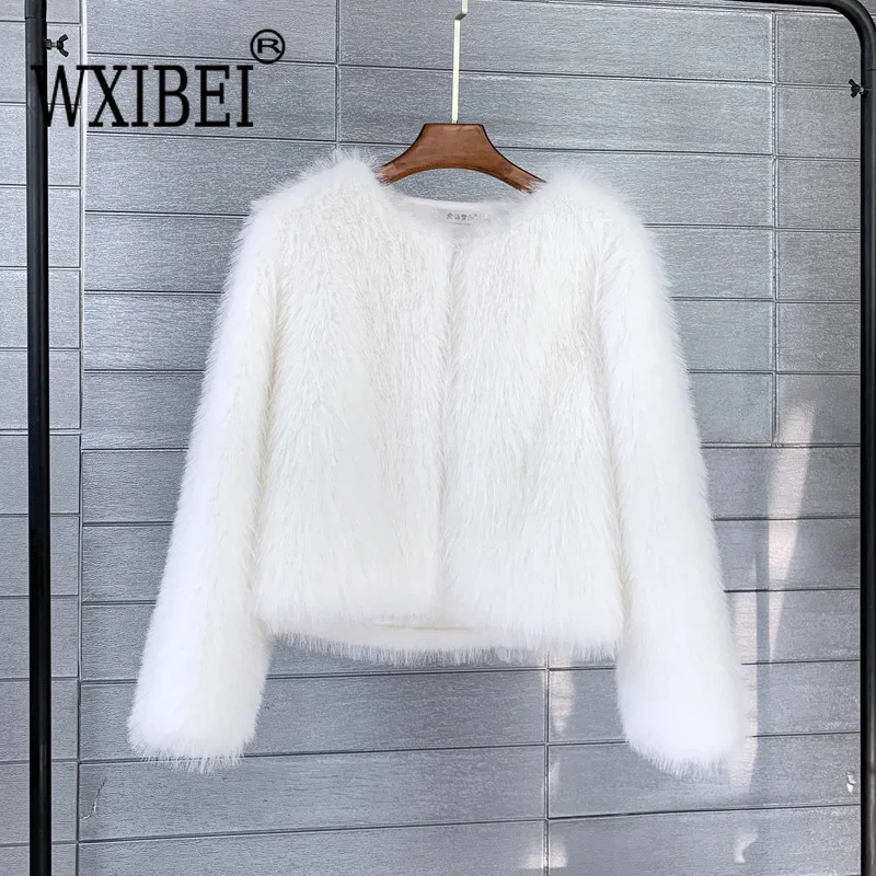 Women Imitation Faux Fur Coat Solid Color Plush Warm Jacket Loose Slim Fit Long Sleeve Thick Cardigan High Street 2024 Autumn