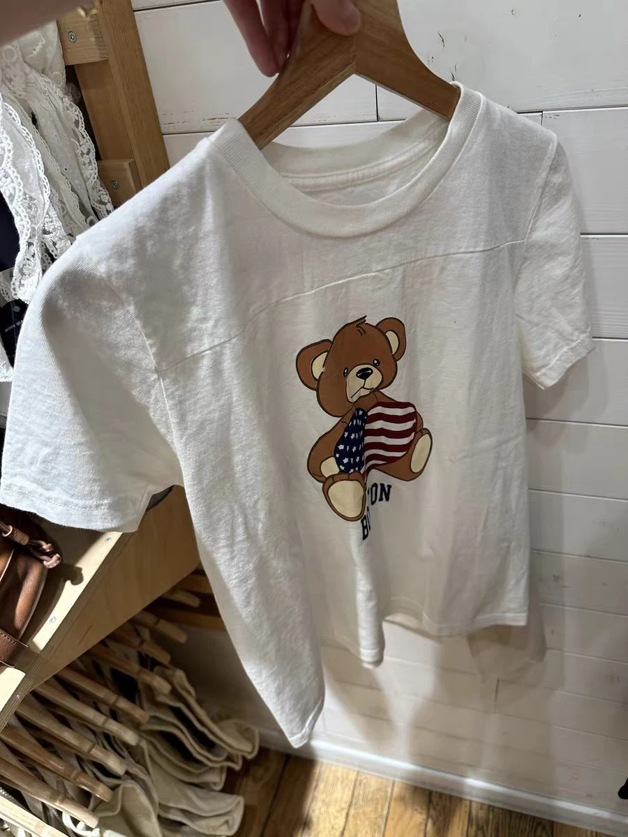 Cartoon Little Bear Print T-shirts Woman Summer O-Neck Short Sleeve Cotton Tee Shirt Casual Vintage Sweet Cute Tshirt Y2k Top