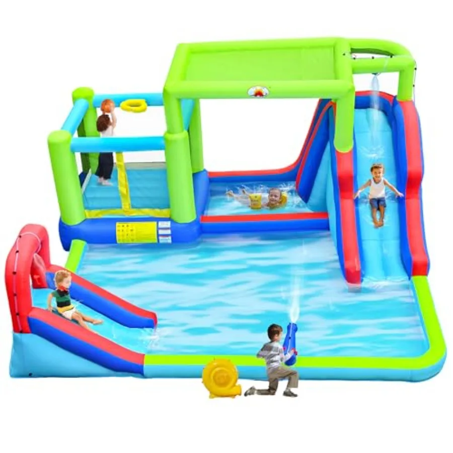 Inflatable Dual Jumping Castle with Blower Bounce House with Sunshade Basketball Hoop Climbing Wall