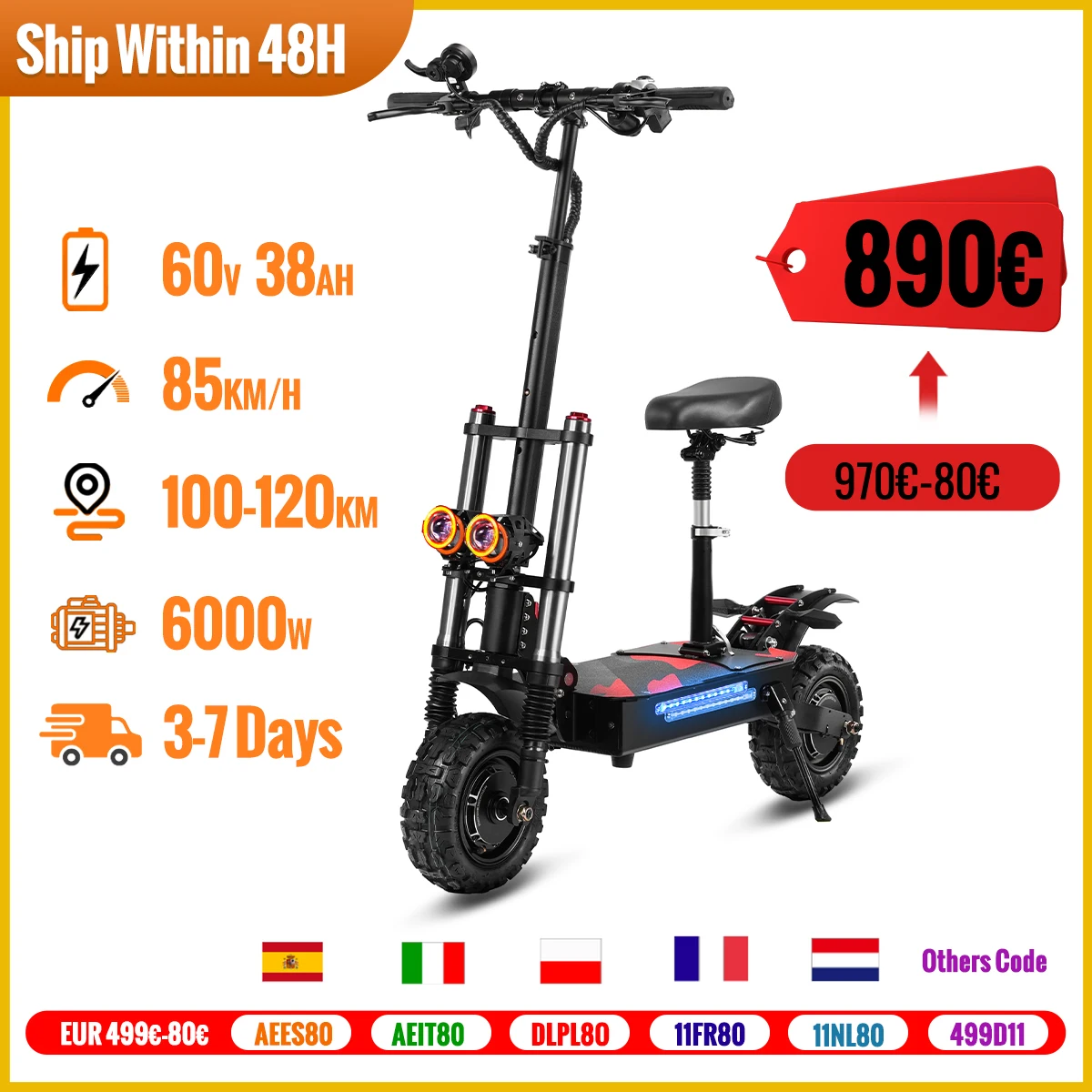 6000W Powerful Electric Scooter 60V 38Ah Max Speed 85km/h 100kmRange 11'' Tires Dual Shock Absorbing Folding EScooter for Adults