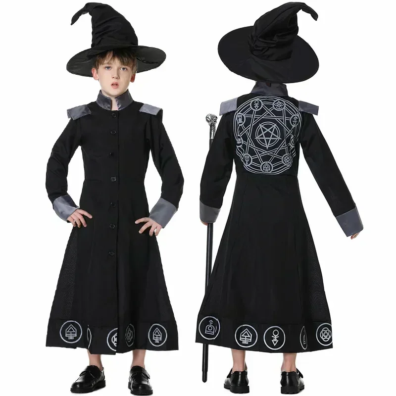 Adult Kids Magic Wizard Sorcerer Warlock Witch Costume Magician Cosplay for Family Halloween Party Fancy Dress